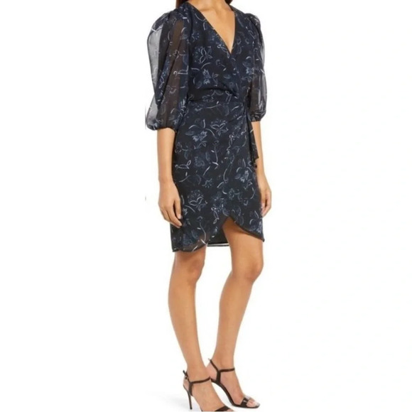 Halogen Chiffon Faux Wrap Floral Dress In Black Bali - Picture 6 of 6